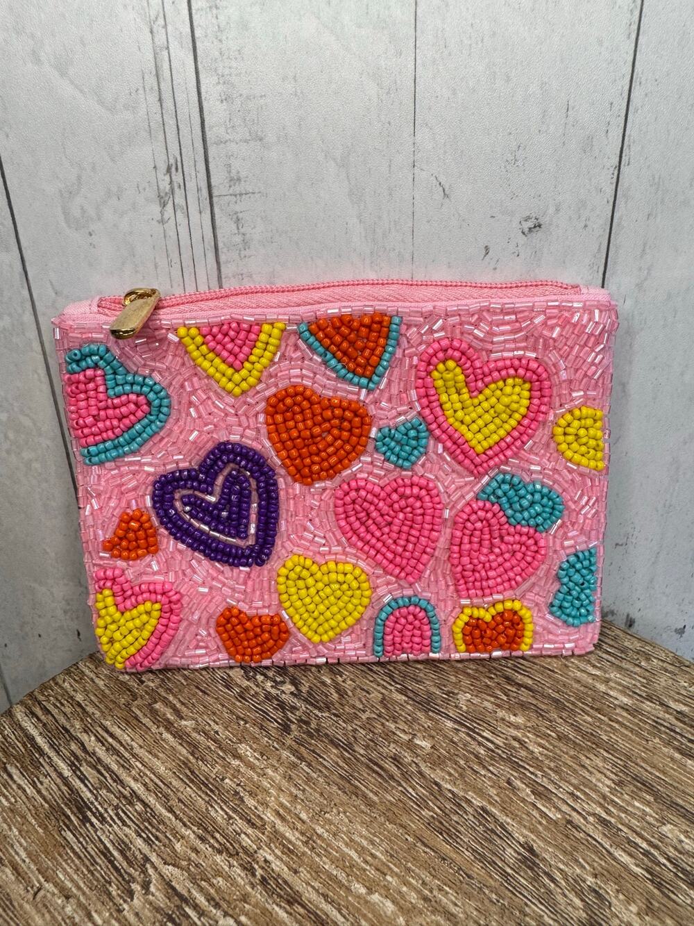 Beaded Coin Purse Pink Multicolor Hearts Wallet Travel Pouch Womens Accessories